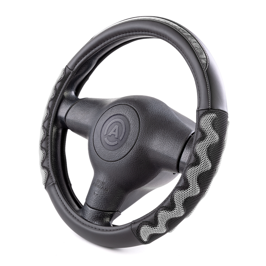 Оплётка руля AUTOPROFI из экокожи AP-1968 BK/GY (M)
