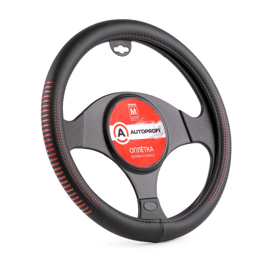Оплётка руля AUTOPROFI из экокожи AP-1910 BK/RD (M)